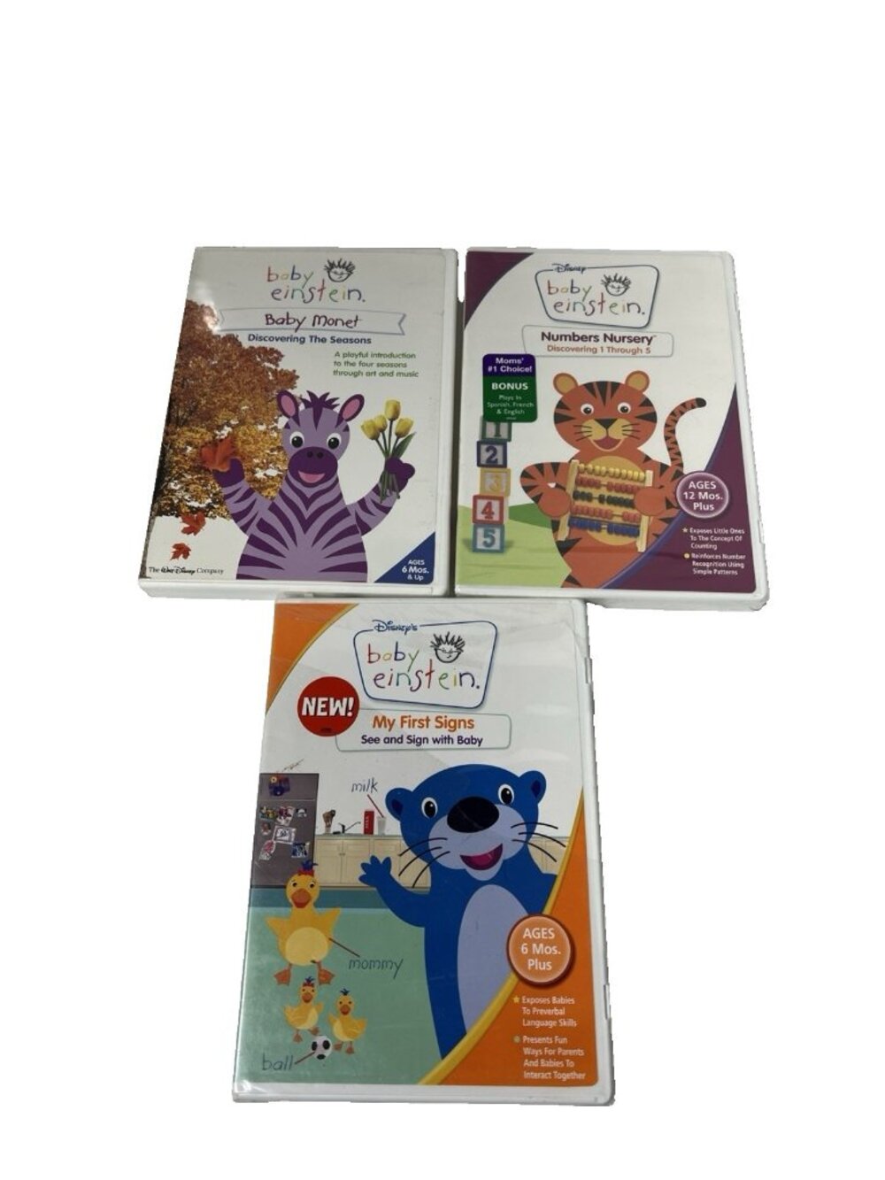 Lot of 3 Disney BABY EINSTEIN DVDs Monet Mozart My First Signs - Two Sealed